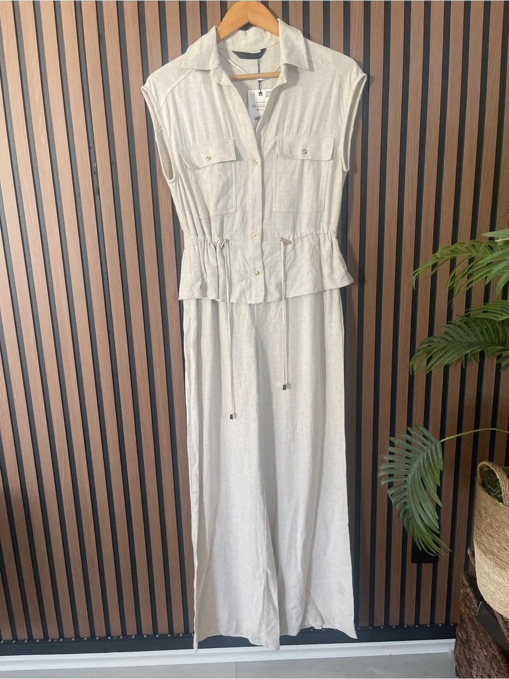 Zara Linen Blend Jumpsuit 2-Piece Look Ecru Oversized Breathable Waist Tie XS